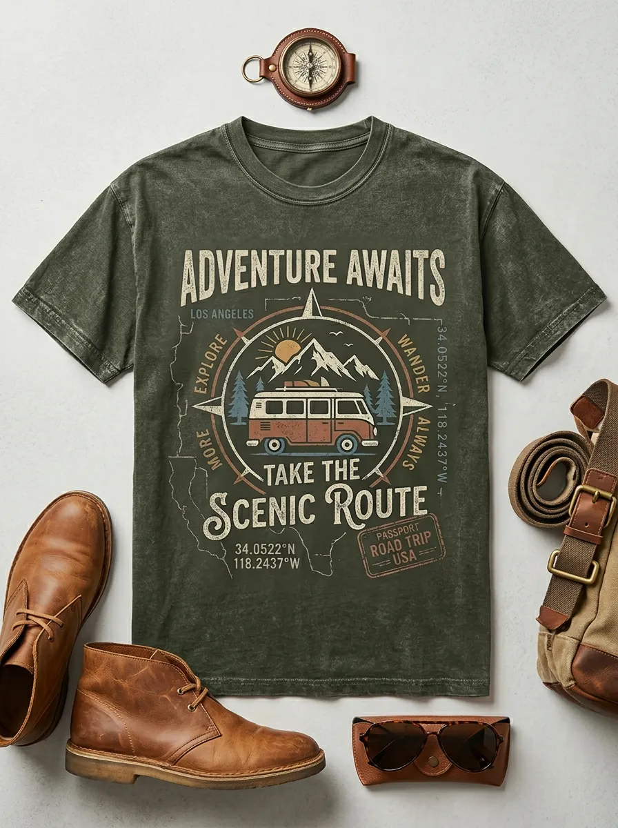 Unisex Adventure Travel Lover Camper Van Mountain Printed T-shirt