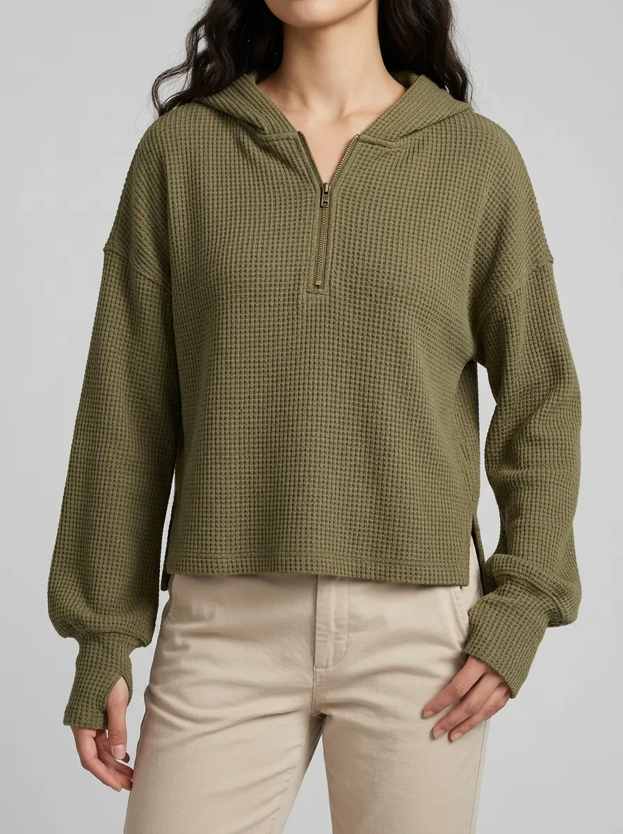 Modern Weekend Waffle Knit Quarter Zip Hooded Top