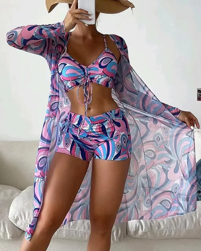 3PCS Abstract Print Drawstring Bikini Set With Cover Up