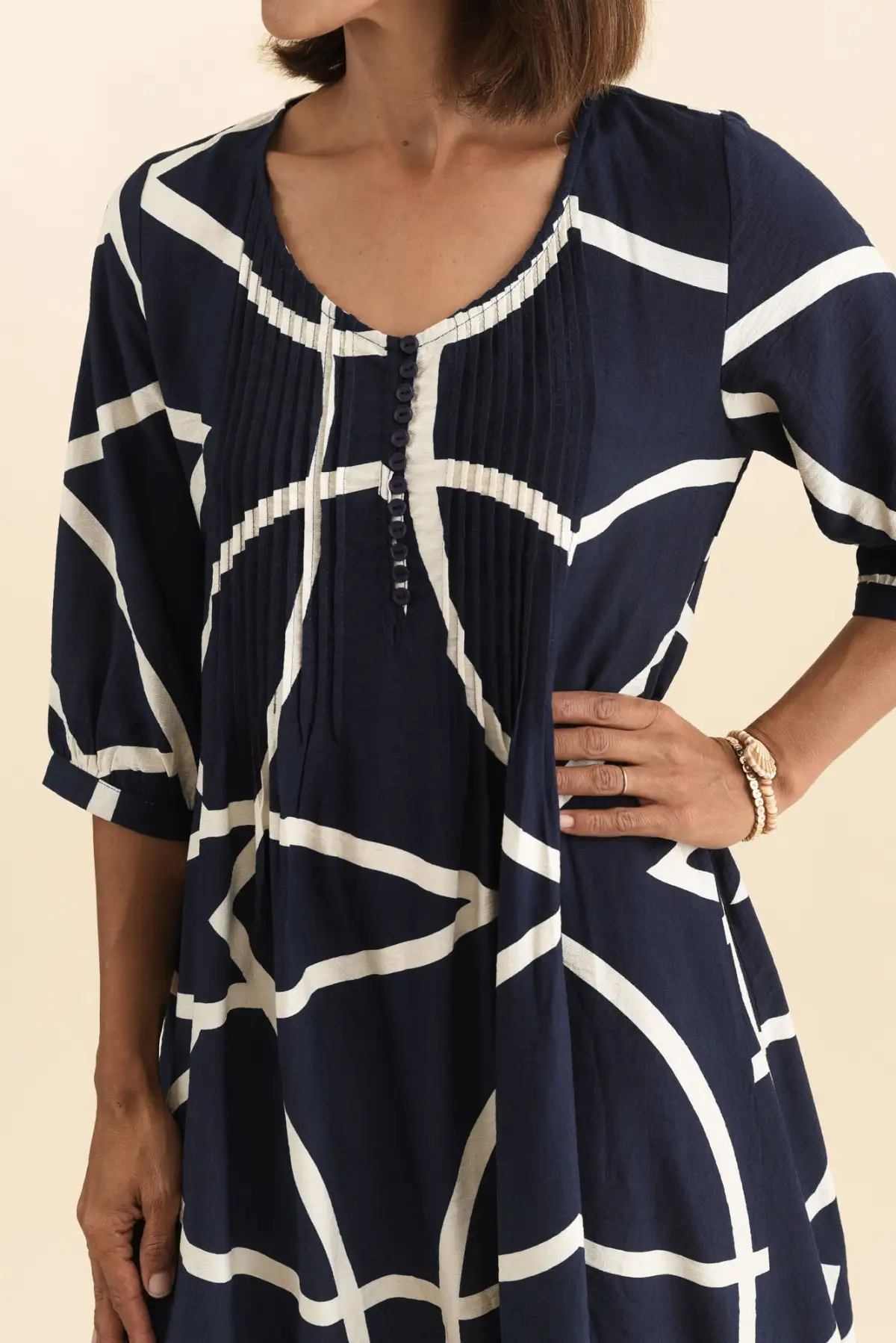 Below-Knee Abstract Viscose Button-Front Pleated V-Neck Half-Sleeve Dress