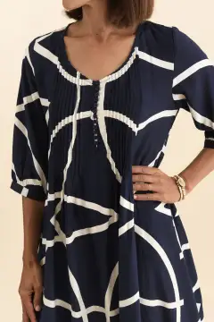 Below-Knee Abstract Viscose Button-Front Pleated V-Neck Half-Sleeve Dress