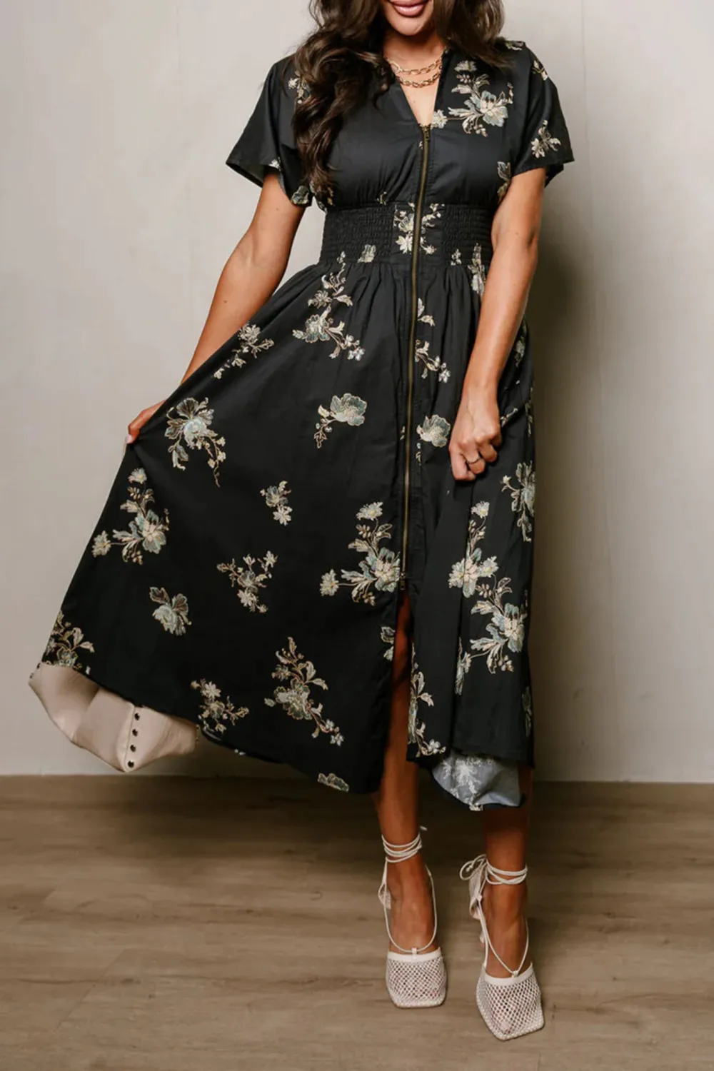 Smocked Zip Up Floral Dress