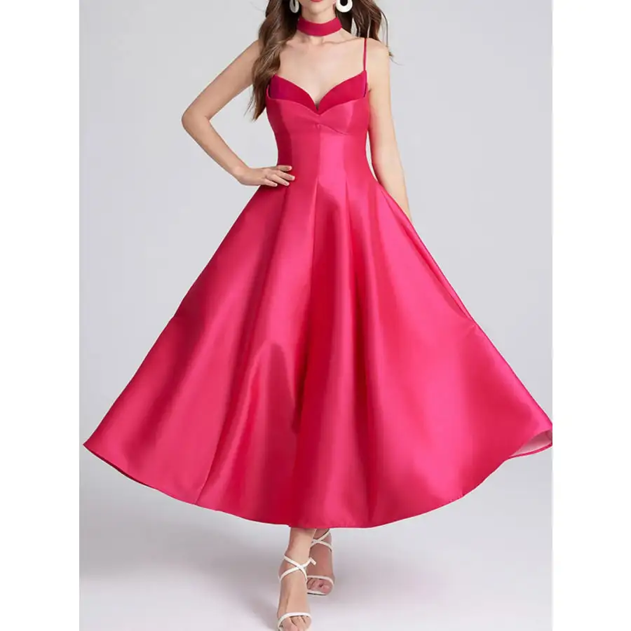 Sweetheart Spaghetti Strap Midi Dress with Collar