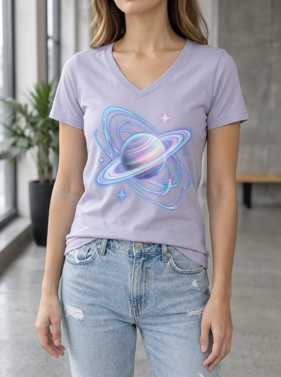 Women's Space Lover Holographic Saturn Printed V-neck T-shirt