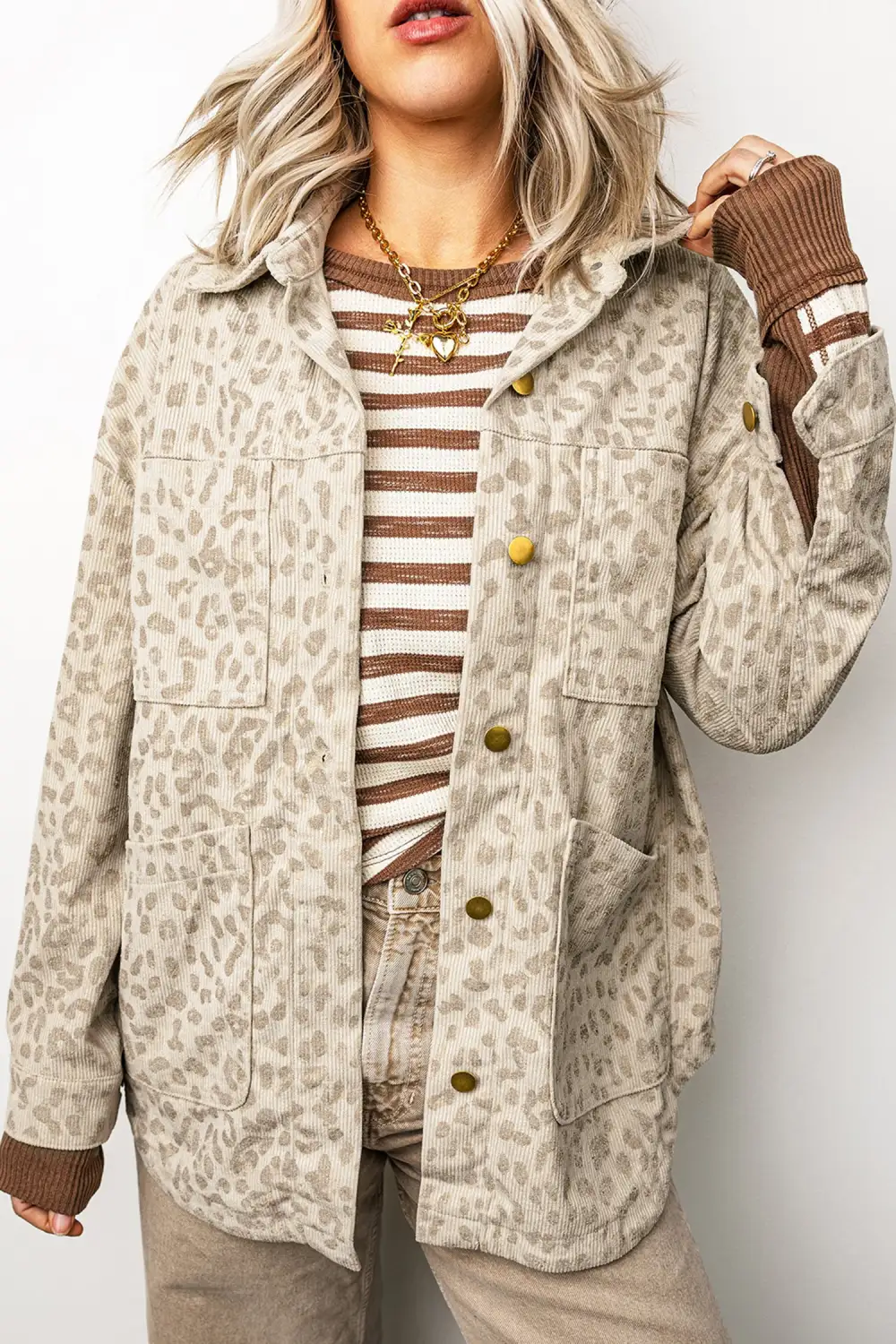 Women's Leopard Print Corduroy Shirt Collar Long Sleeve Regular Fit Jacket
