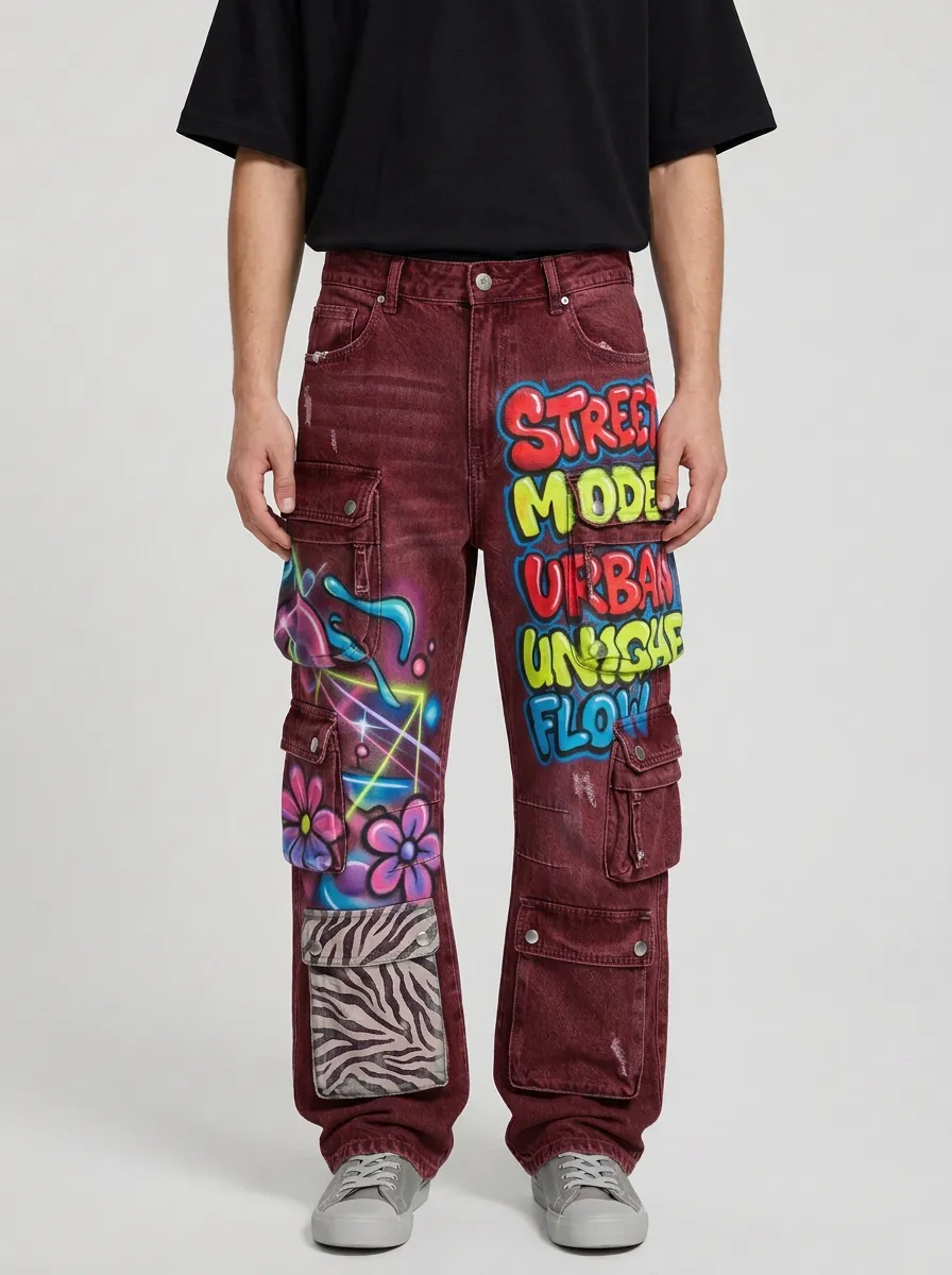Men's Graffiti Floral Zebra Graphic Cargo Jeans