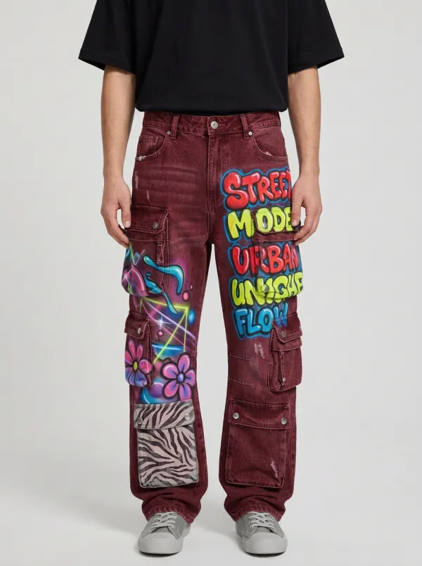 Men's Graffiti Floral Zebra Graphic Cargo Jeans