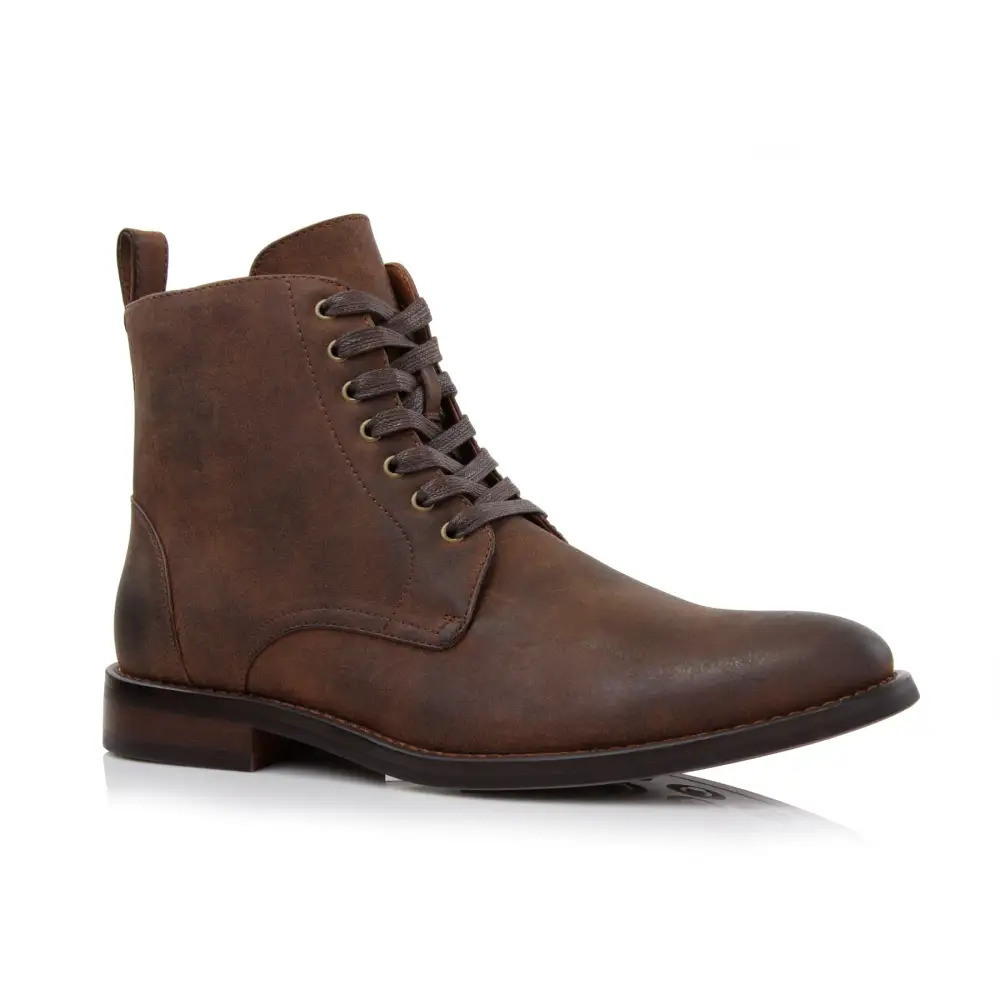 Faux-Leather Burnished Lace-Up Ankle Boots