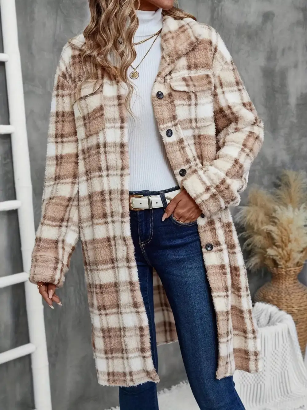 Plaid Fleece Button Up Longline Outerwear