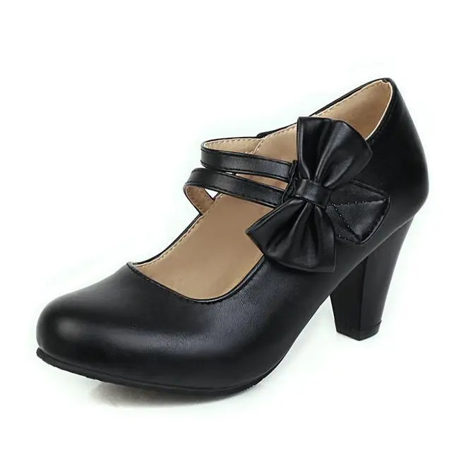 Bow Accent Round Toe Chunky Heel Pumps