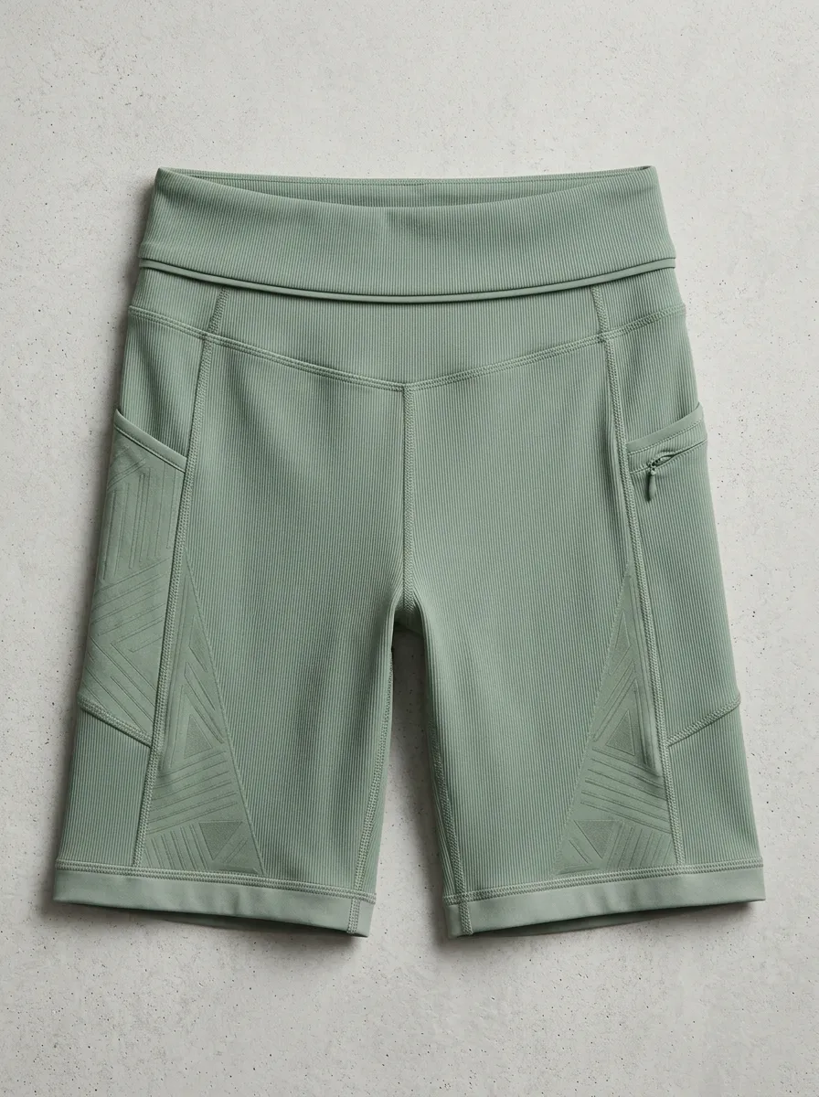 Women's Athletic Sage Green Geometric Embossed Printed Biker Shorts