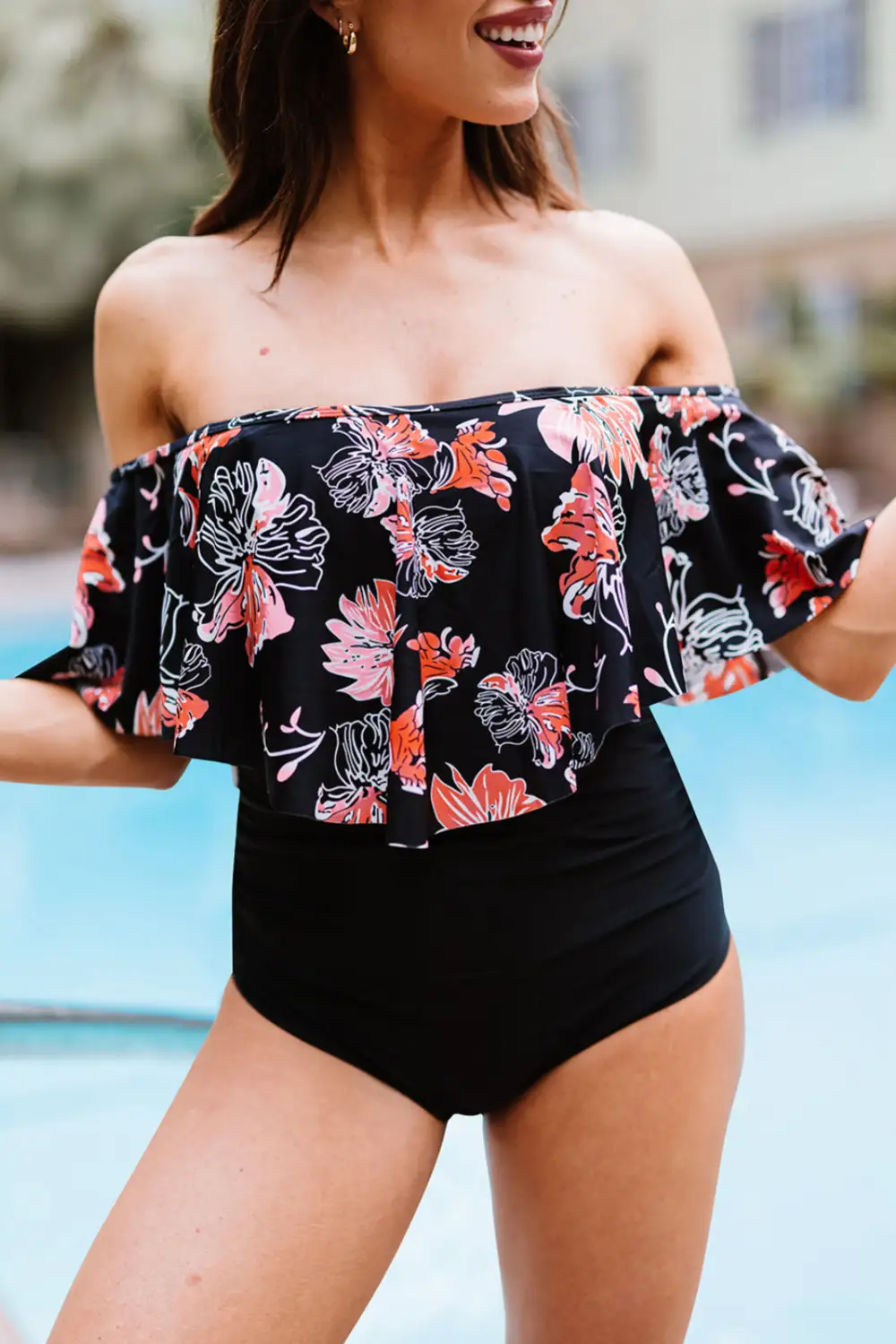 Leopard Printed Off Shoulder Flounce Overlay One-piece Swimwear