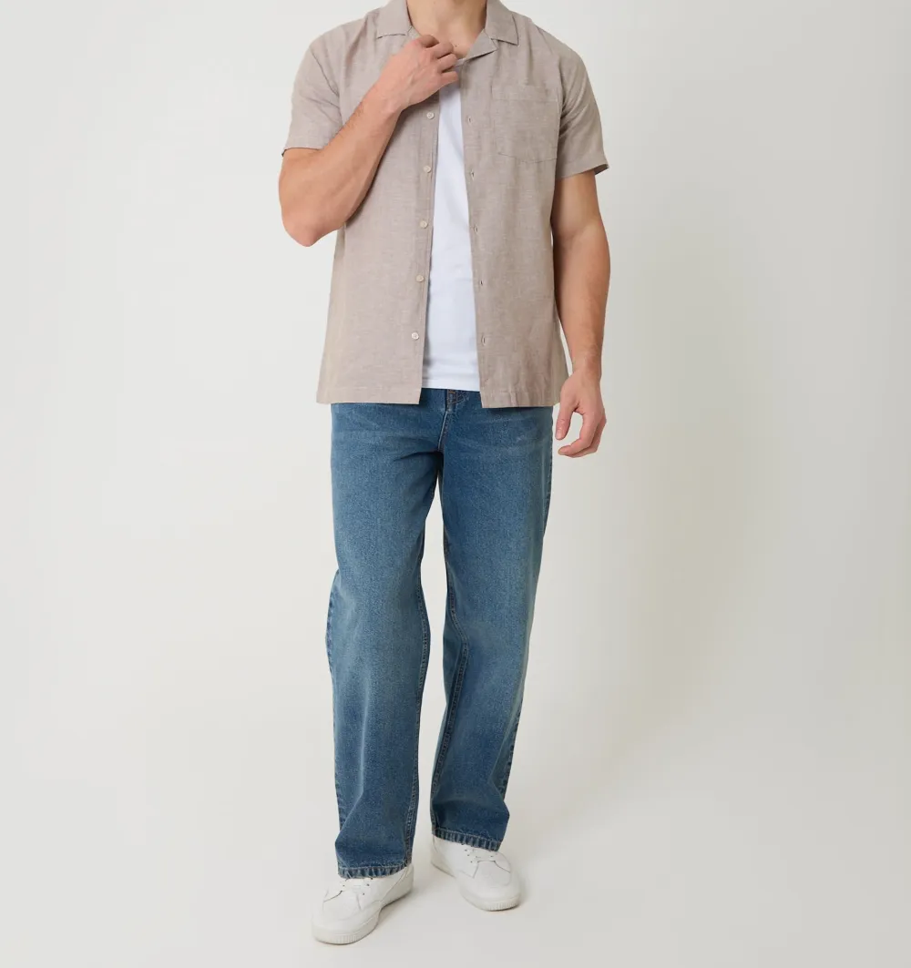 Taupe Linen-Cotton Blend Short-Sleeve Shirt