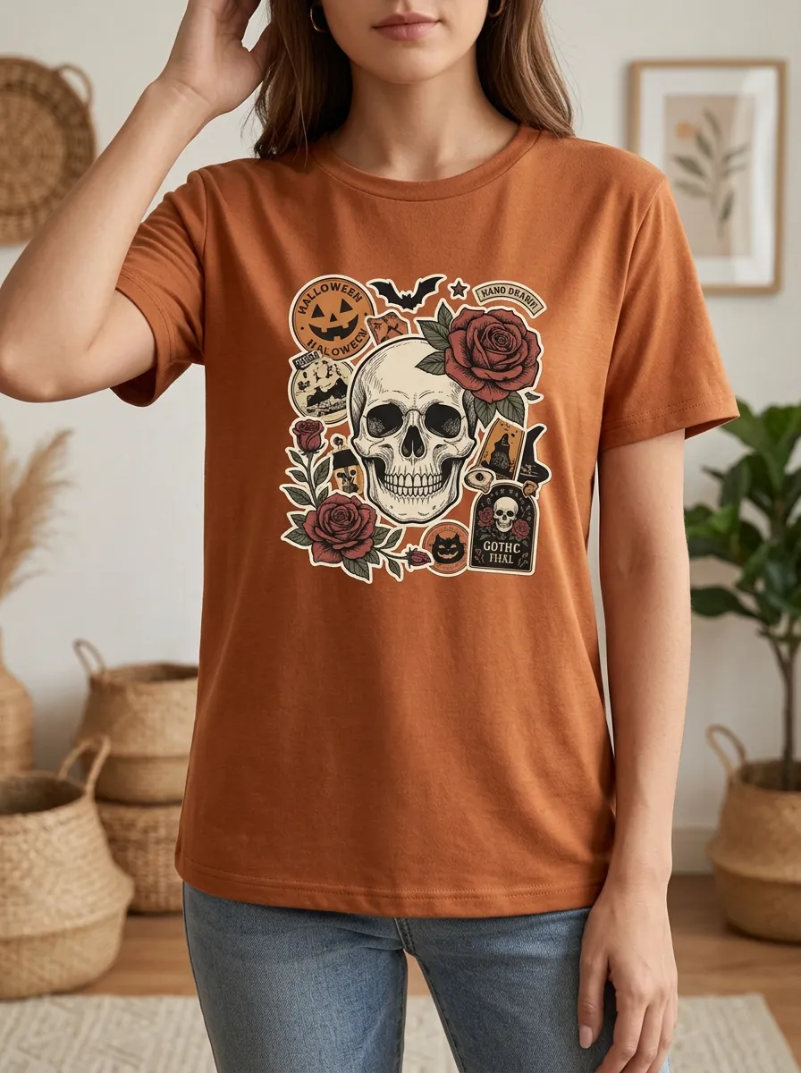 Women's Halloween Gothic Skull Rose Crew Neck Graphic T-Shirt