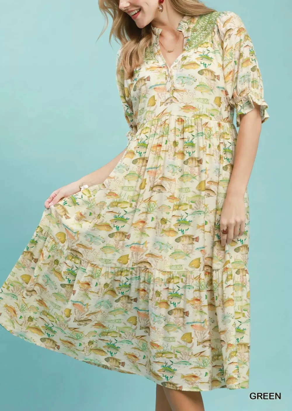 V-Neck Puff Sleeve Tiered Smocked Midi Dress