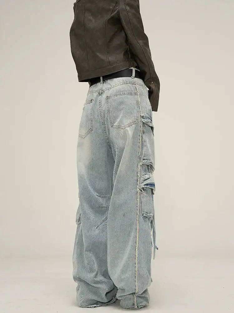 Wide-Leg Distressed Cargo-Pocket Jeans