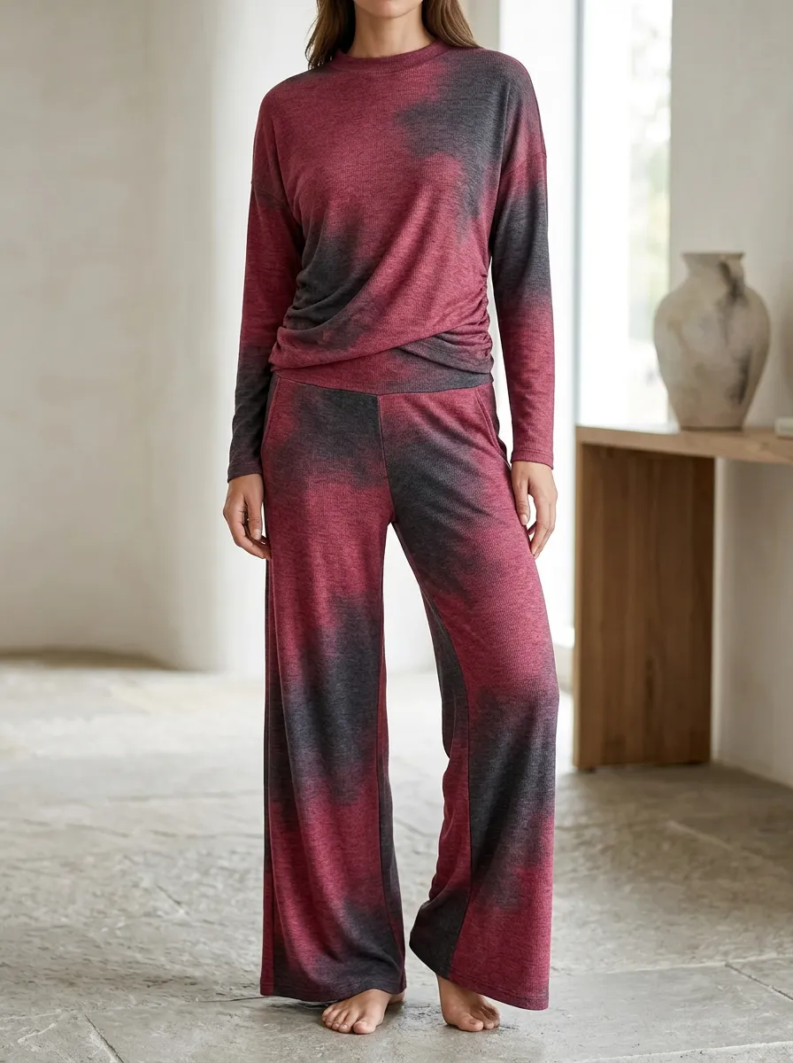 Women's Lounge Tie-Dye Patterned Wide Leg Pants Set