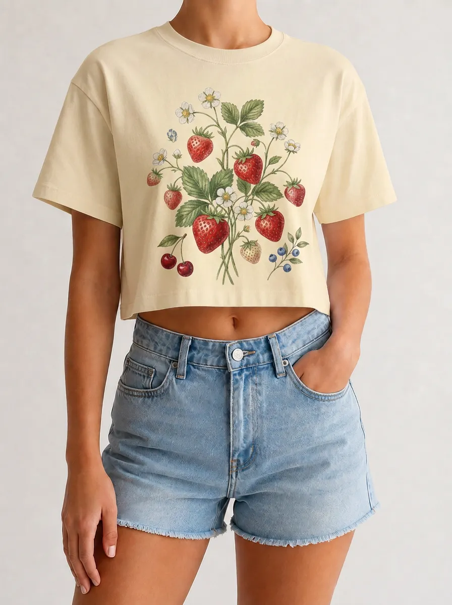 Women's Strawberry Botanical Garden Printed Crop T-shirt