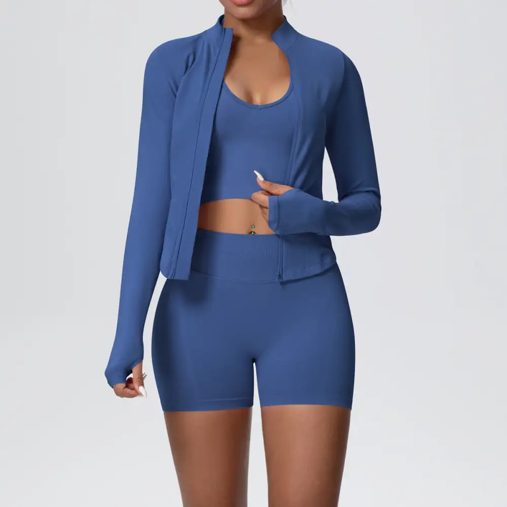 Long-Sleeve High-Waist Jacket, Bra and Vest Active Set