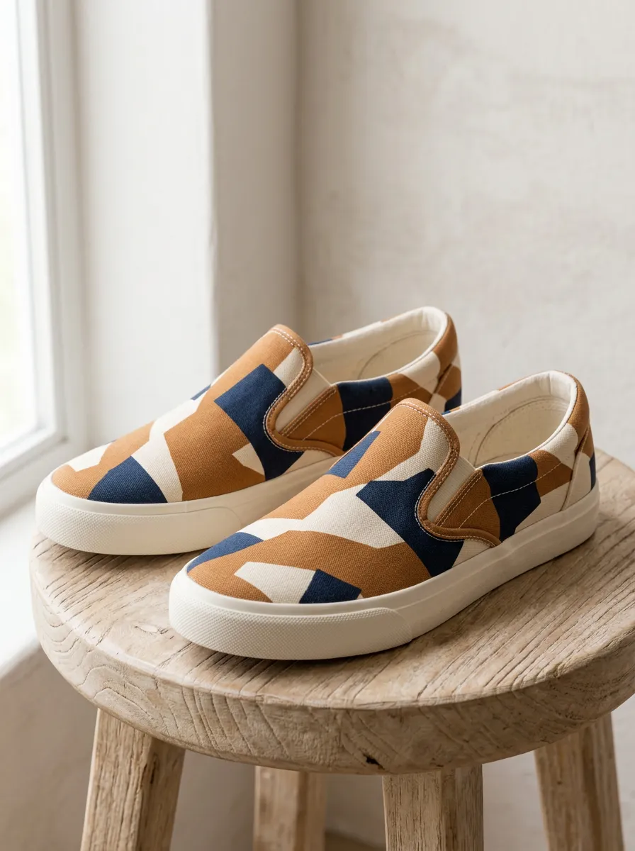 Men's Geometric Pattern Brown Navy Printed Canvas Slip-on Shoes