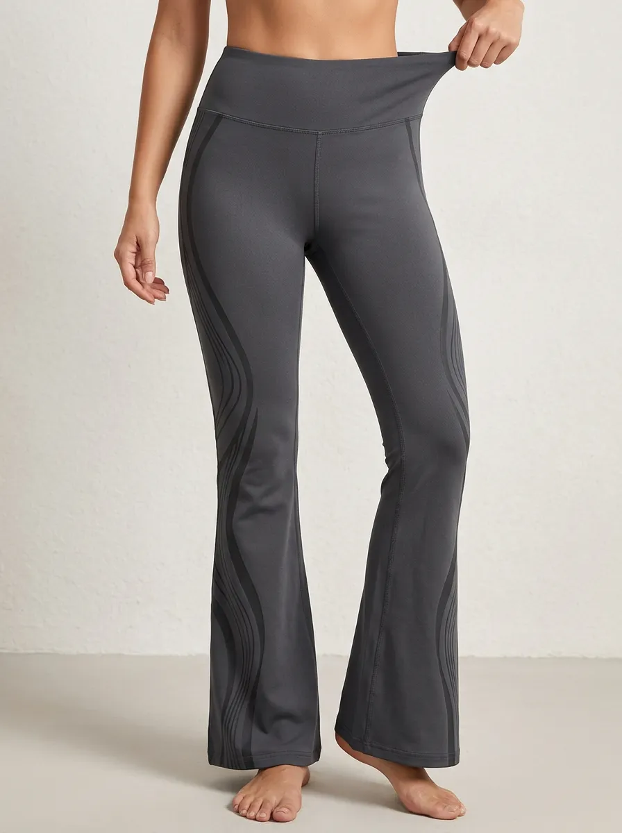 Women’s Mid-Rise Yoga Abstract Wave Printed Paneled Mini Flare Yoga Pants