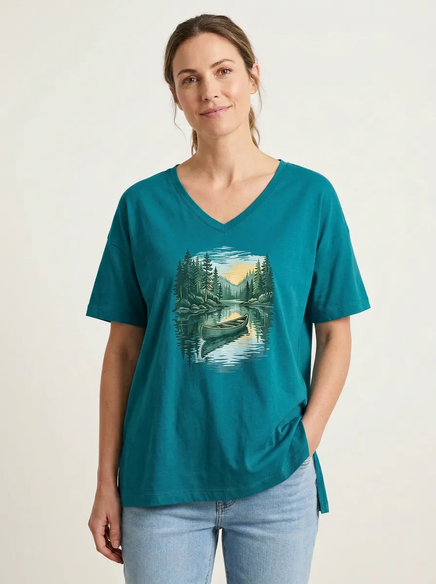 Women's Nature-Inspired Canoe Lake & Forest Graphic V-Neck T-Shirt