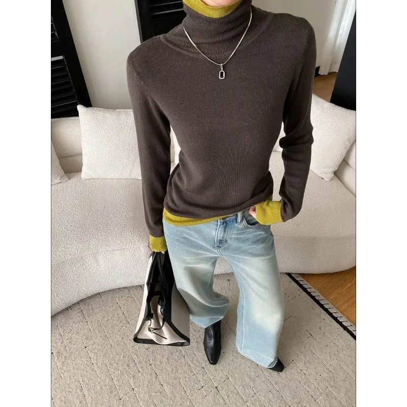 Tailored Color Block High Neck Fitted Knit Sweater