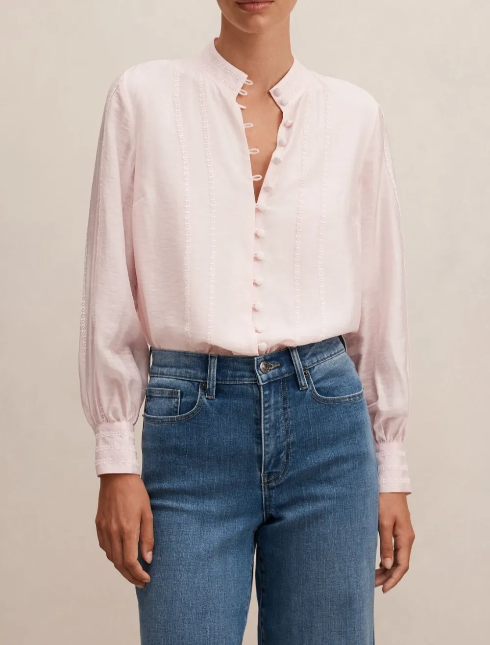 Light Pink Lace Trim Long Sleeve Button Blouse