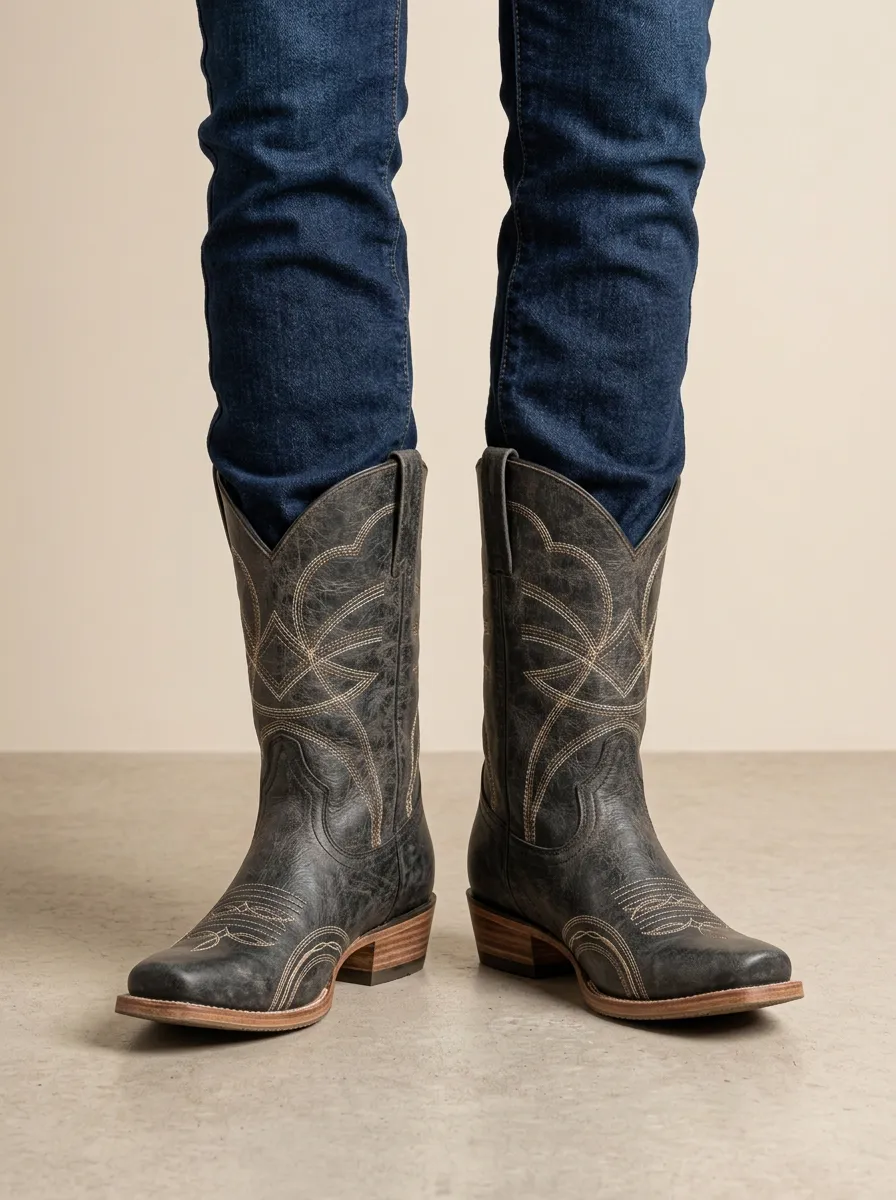 Unisex Western Cowboy Distressed Embroidered Western Boots
