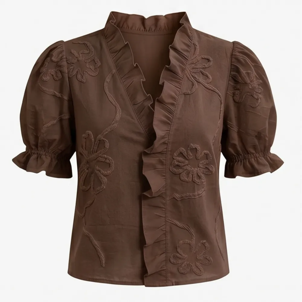 Ruffled V Neck Puff Sleeve Blouse