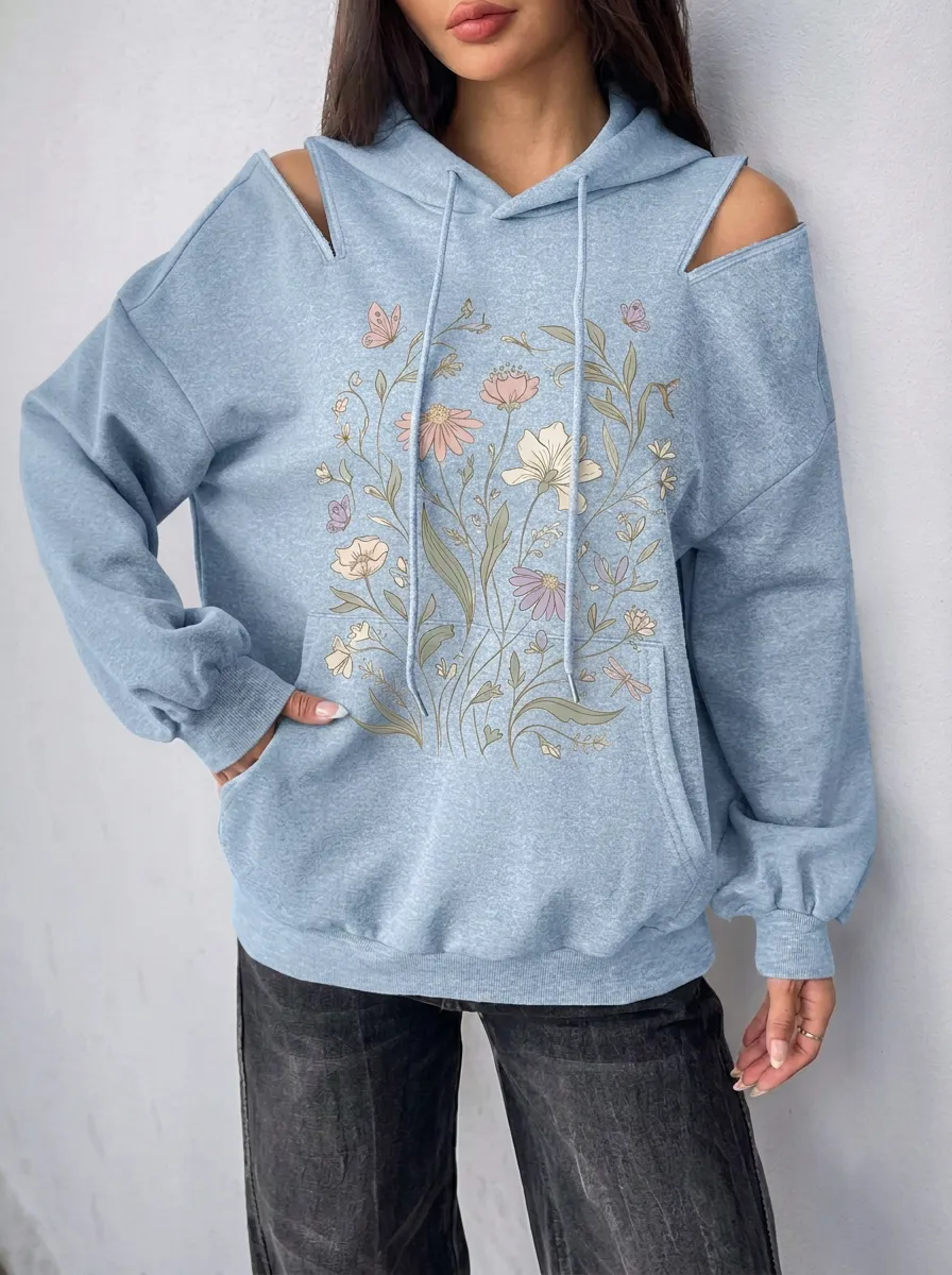 Women's Floral Butterfly Nature Lover Printed Cold Shoulder Hoodie
