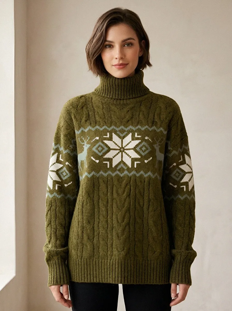 Women's Winter Christmas Deer Snowflake Pattern Knitted Turtleneck Sweater