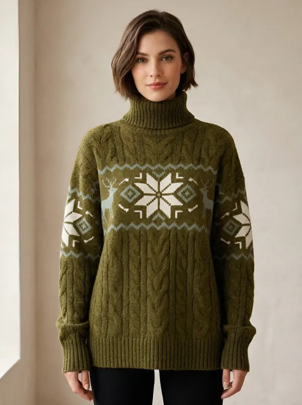 Women's Winter Christmas Deer Snowflake Pattern Knitted Turtleneck Sweater