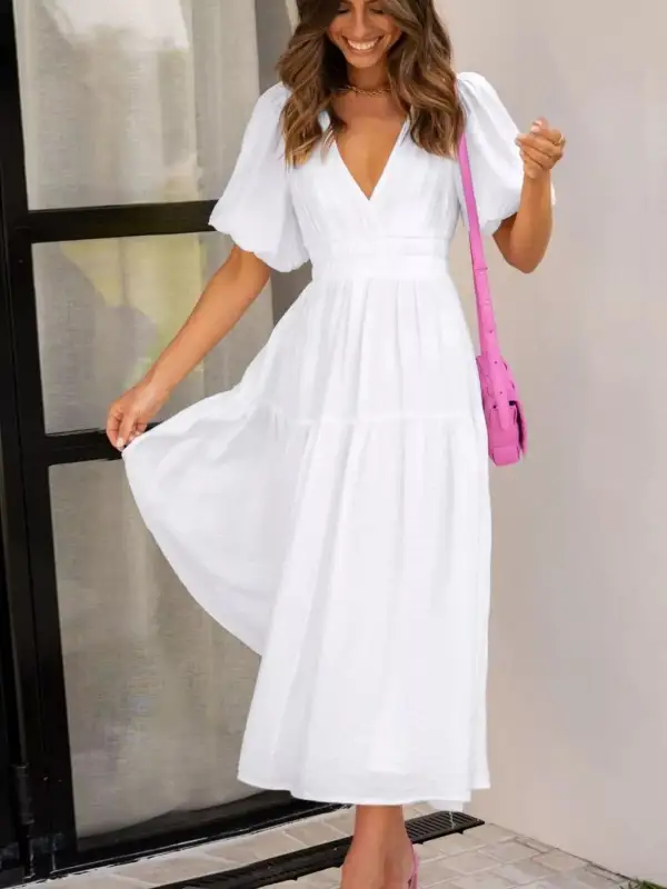 Everyday V-neck Puff Sleeve Midi Dress
