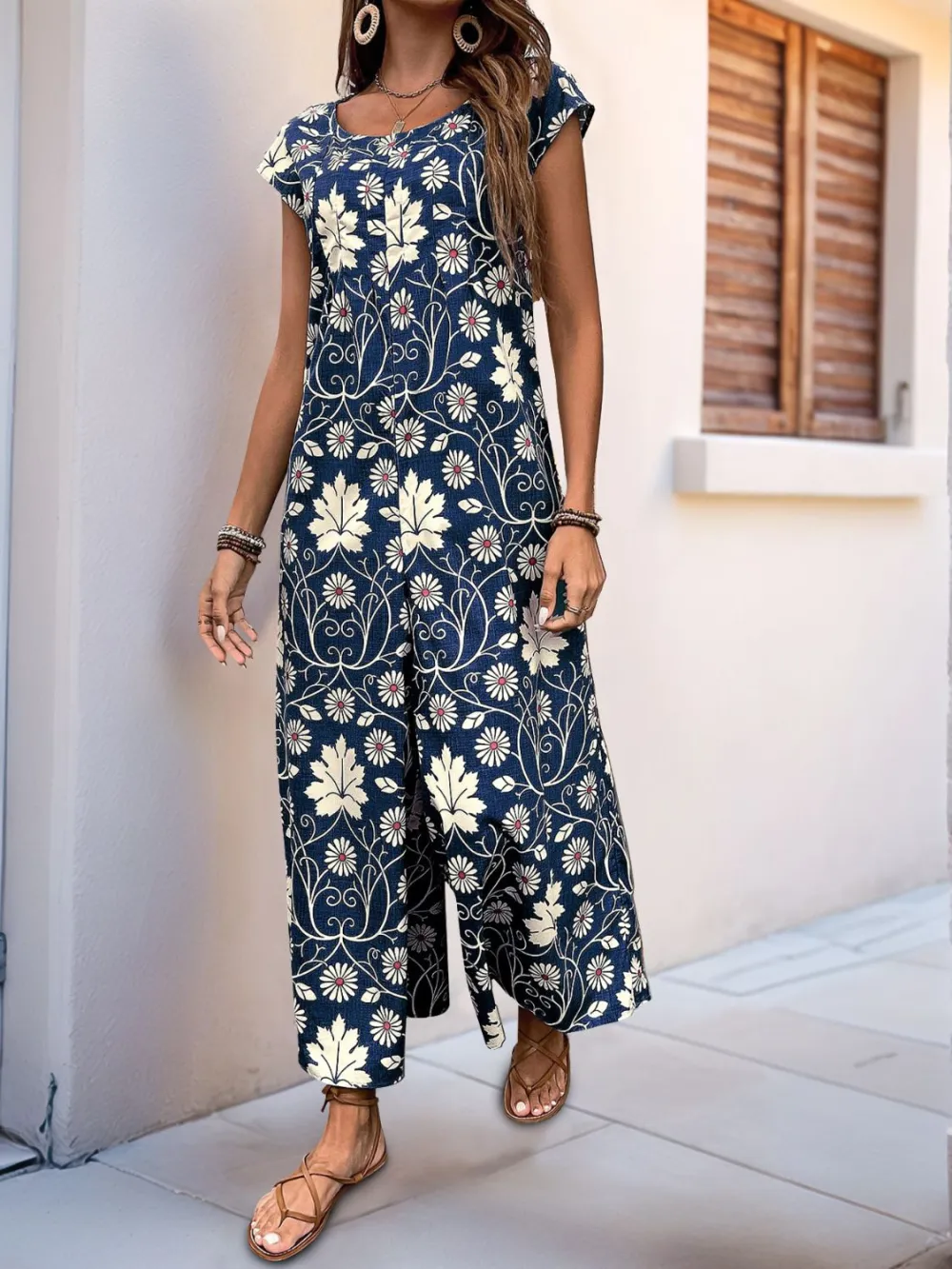 Round Neck Cap Sleeve Wide Leg Jumpsuit