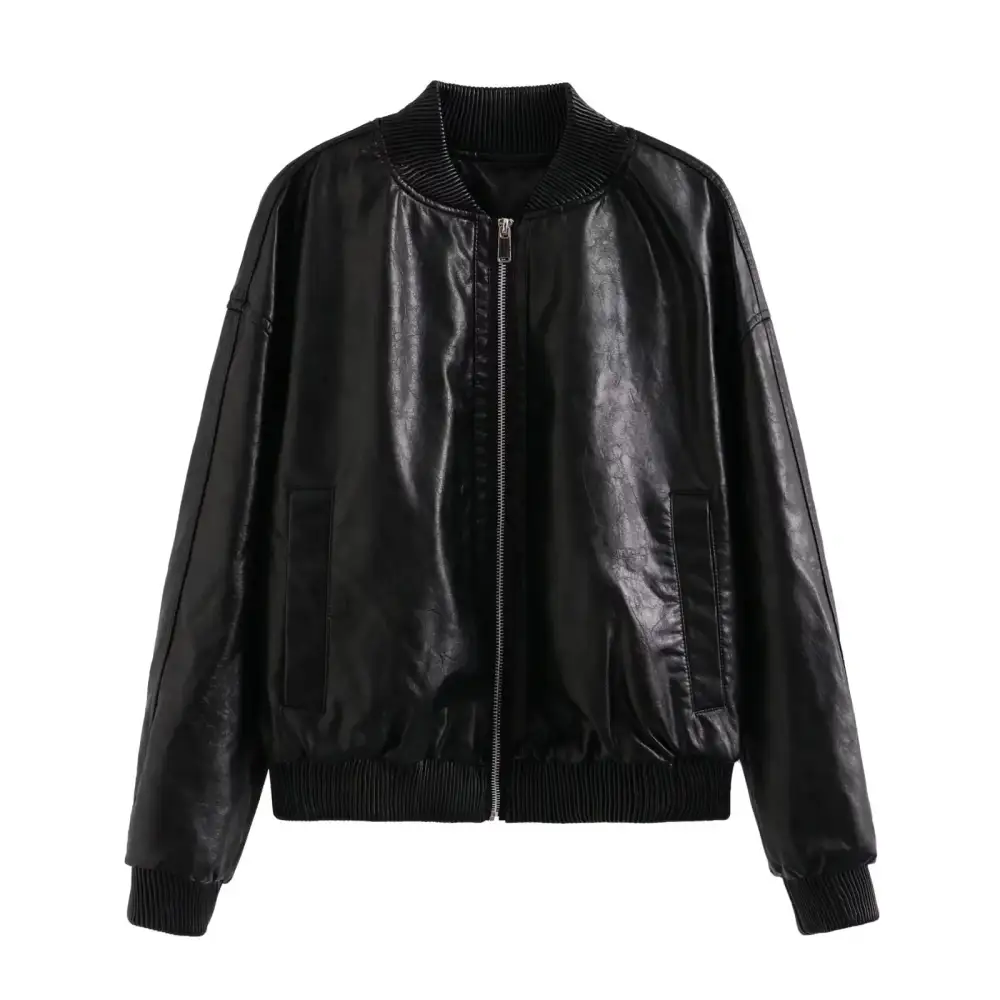 Oversized Faux Leather Stand Collar Ribbed Trim Bomber Jacket