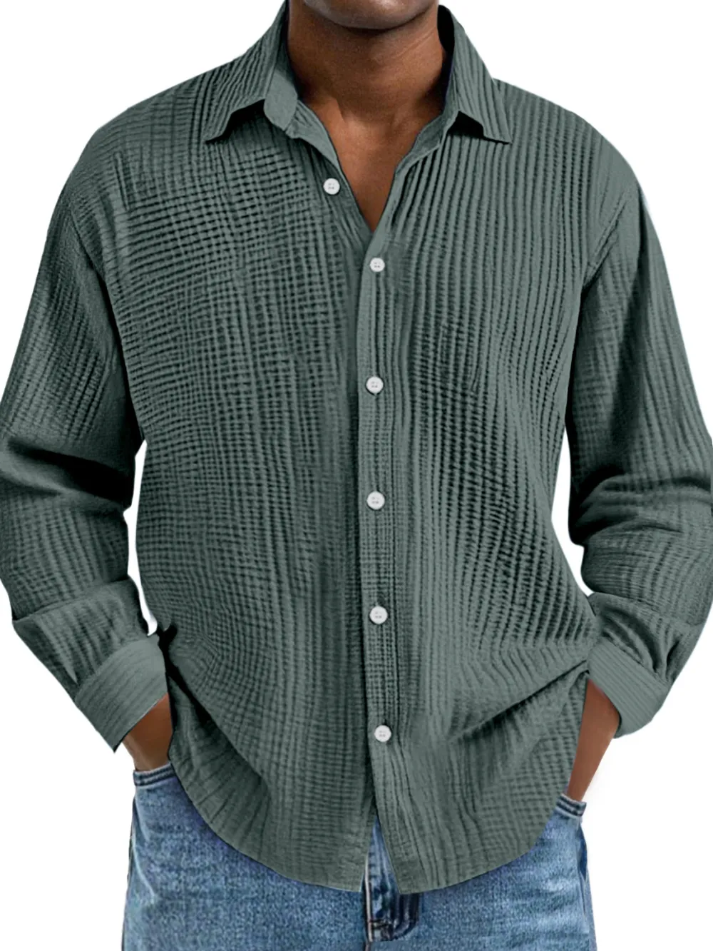 Relaxed Long Sleeve Open Collar Pleated Front Shirt
