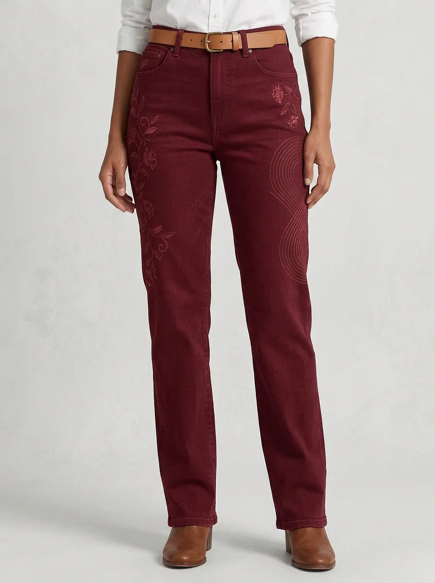 Women's Floral Embroidery Pattern Printed Straight Leg Jeans