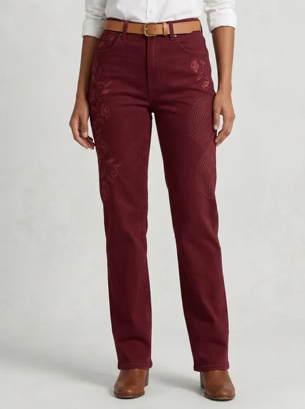 Women's Floral Embroidery Pattern Printed Straight Leg Jeans