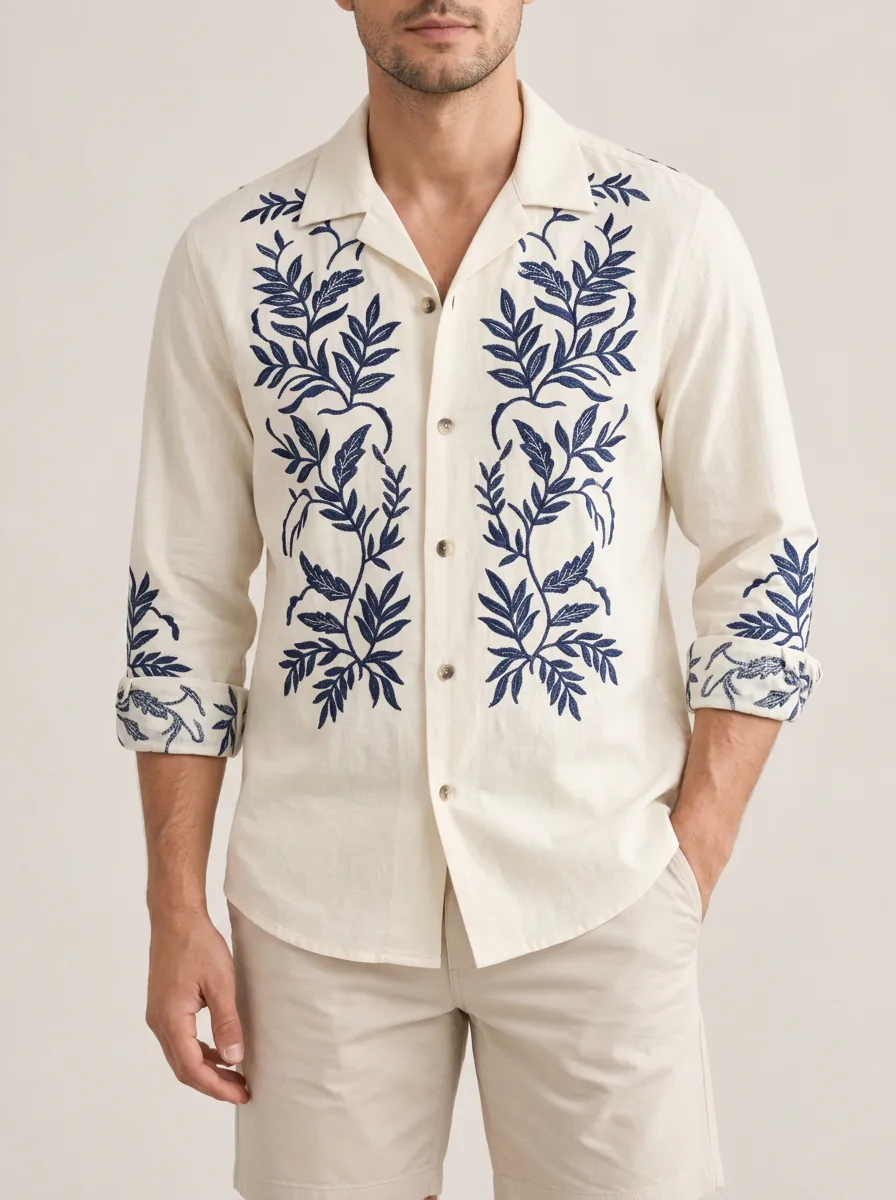 Men's Boho Inspired Boho Leaf Embroidered Shirt