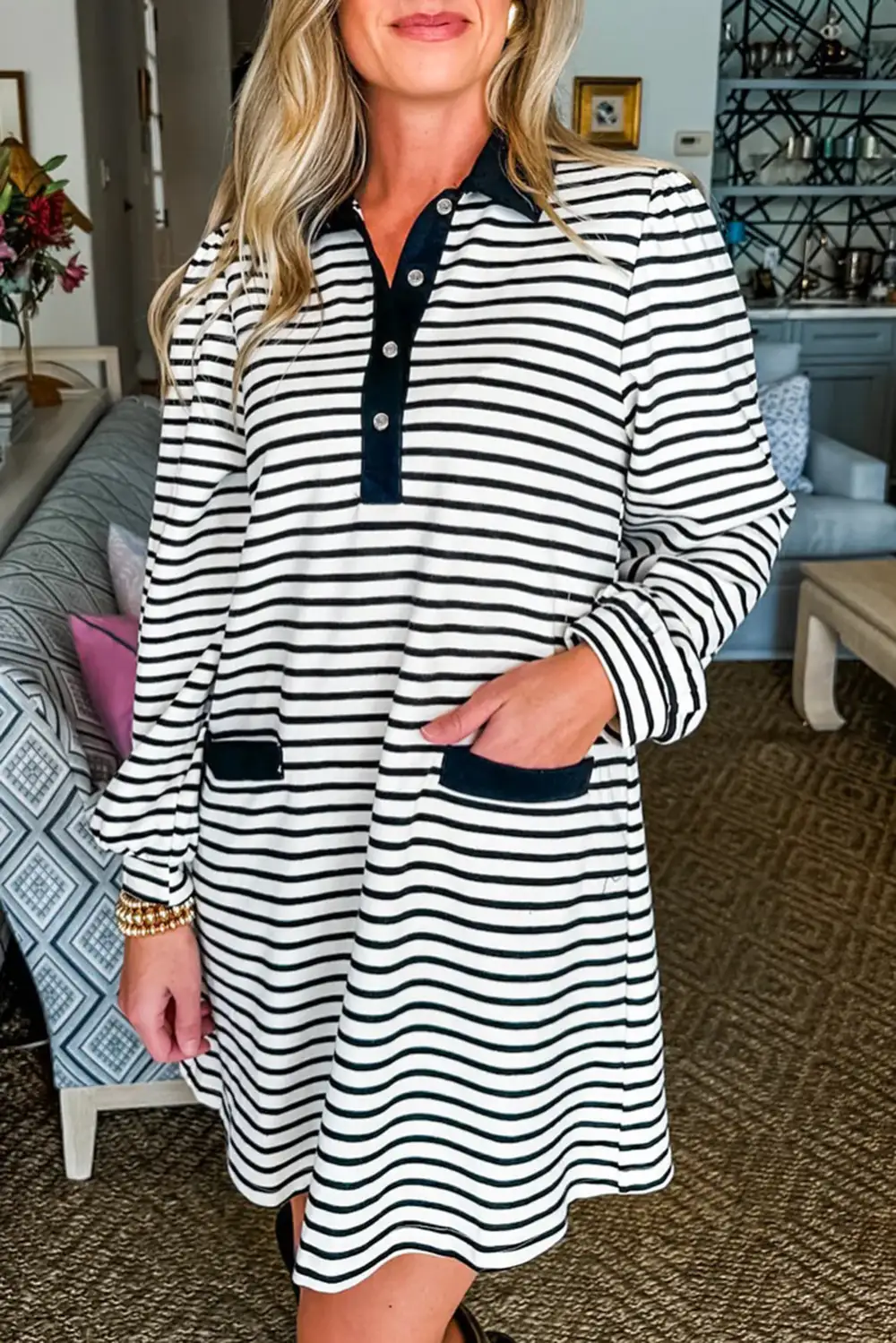Finish Striped Button Front Pocketed Shirt Dress