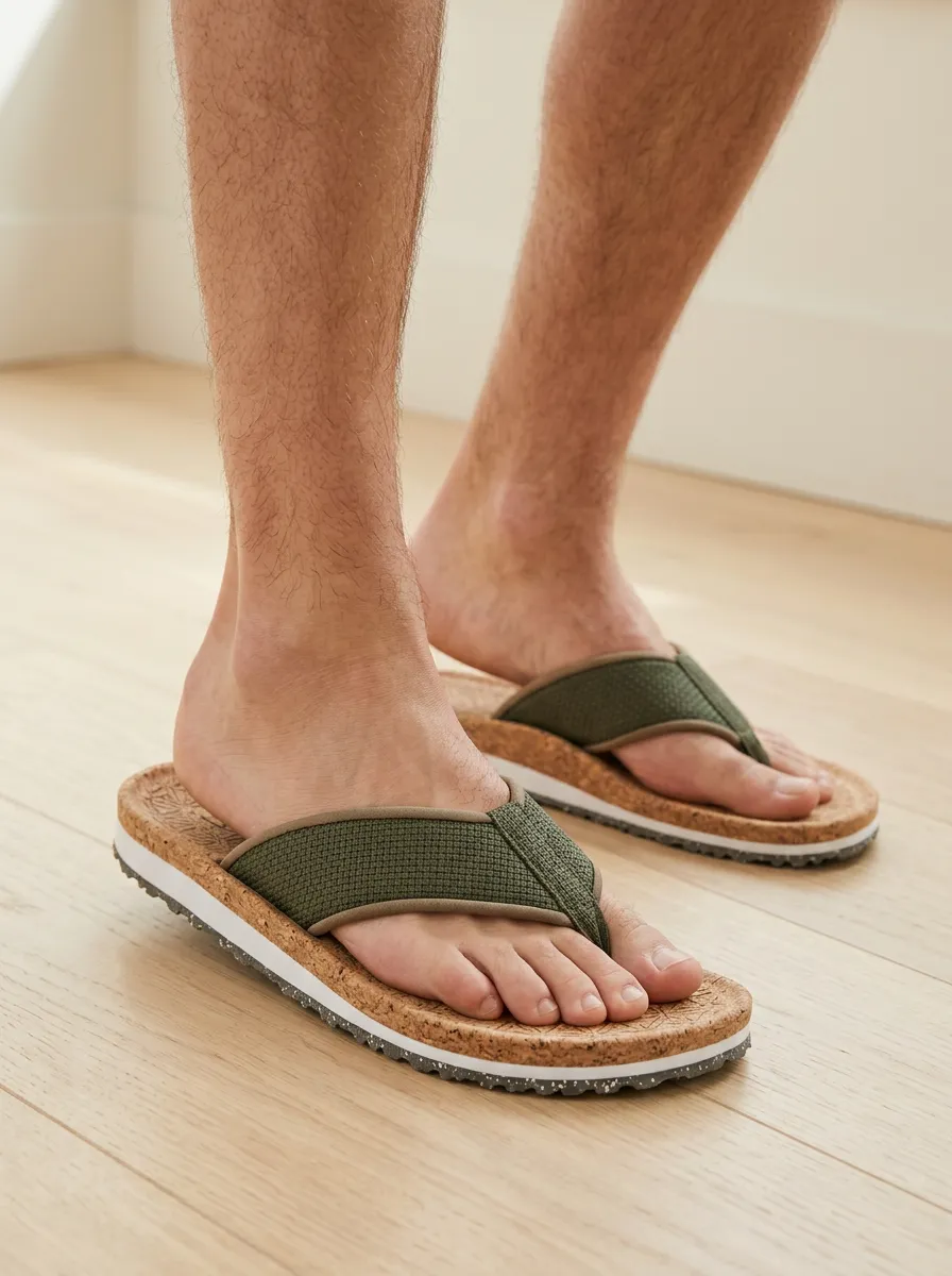 Men's Casual Summer Olive Green Cork Textured Printed Flip Flops