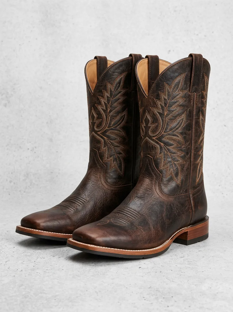 Western Heritage Floral Stitched Leather-Look Profile Men's Western Cowboy Boots