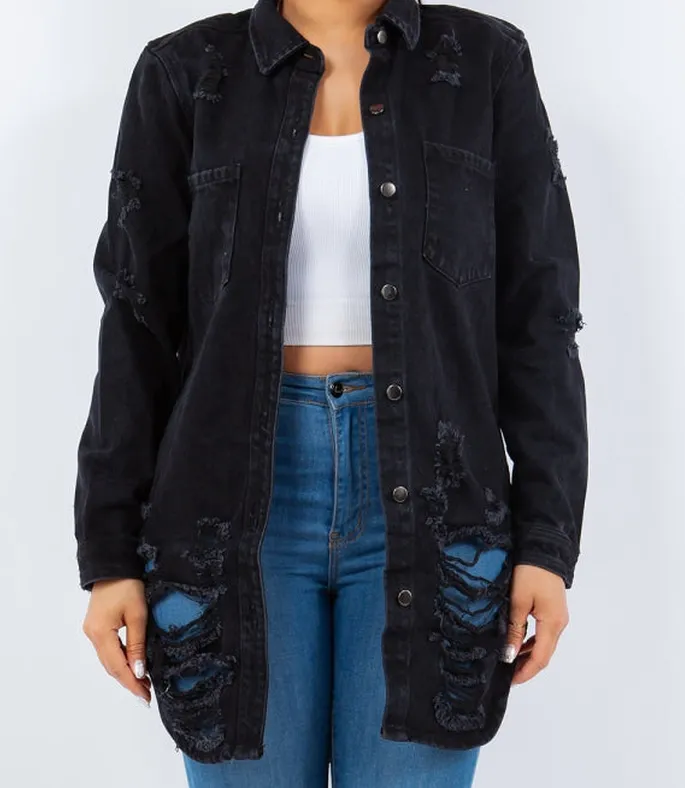 Distressed Button-Up Long-Sleeve Denim Jacket