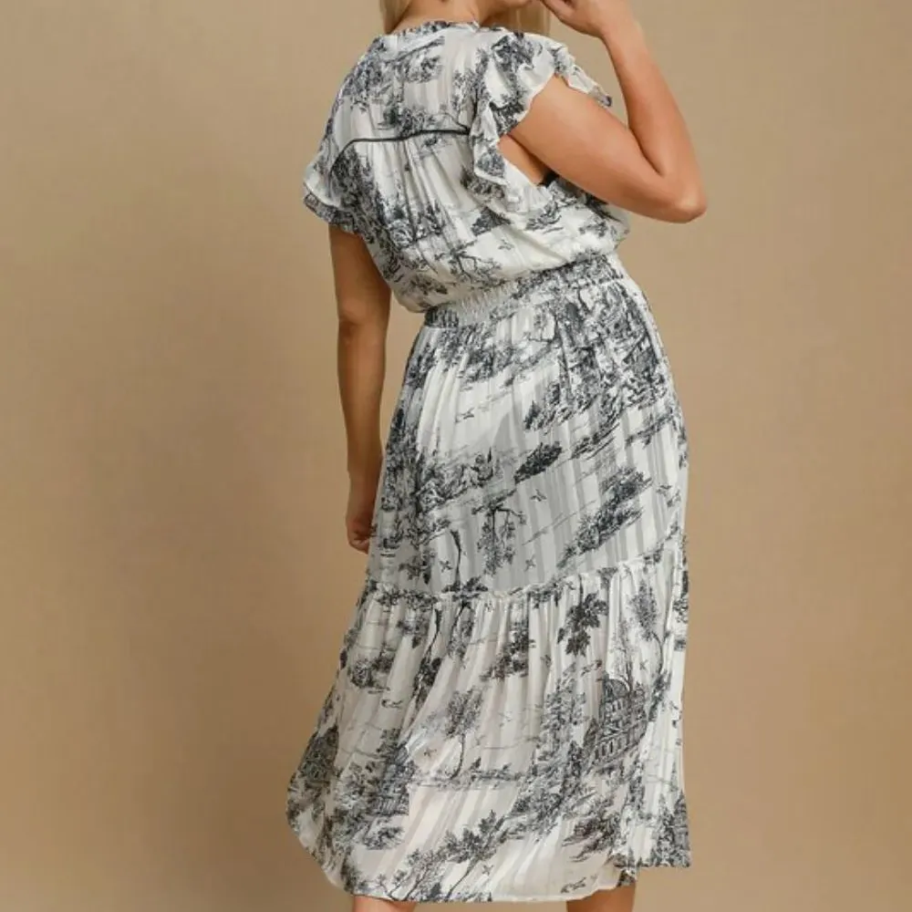 Two Tone Landscape Print Midi Dress