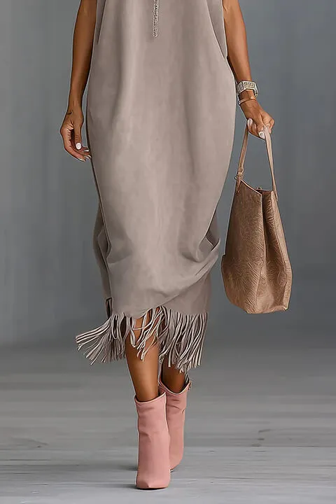Elegant Faux Suede Fringe Hem Sleeveless Midi Dress