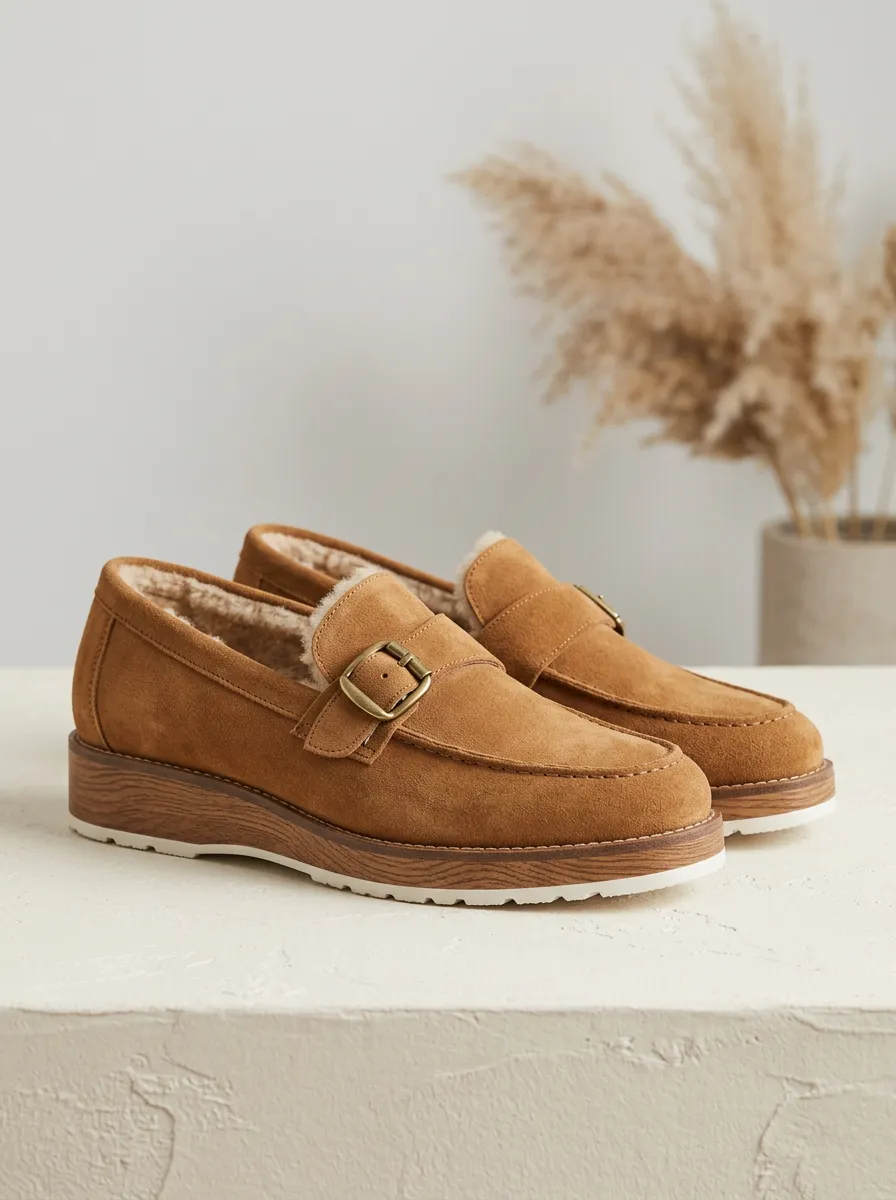 Women's Rugged Faux Fur Lined Buckle Detail Winter Suede Wood Sole Loafers