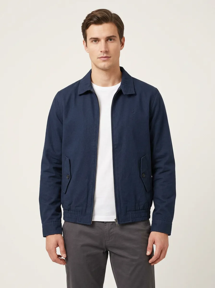 Men's Nautical Style Anchor Embroidered Navy Harrington Jacket
