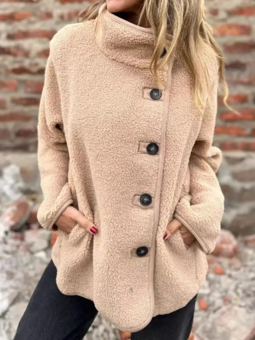 Full Size Button Up Long Sleeve Fleece Jacket Plus Size