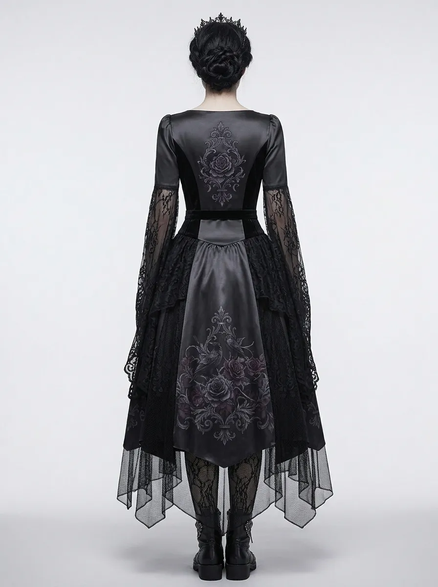 Punk Rose Raven Floral Dark Look Women's Gothic Dress